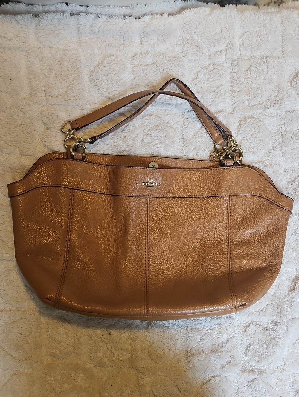 Coach Cognac Pebbled Leather Shoulder Bag with Gold Hardware